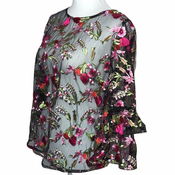 Weavz Embroidered Floral Bell Sleeve Sheer Top S - Picture 9 of 14